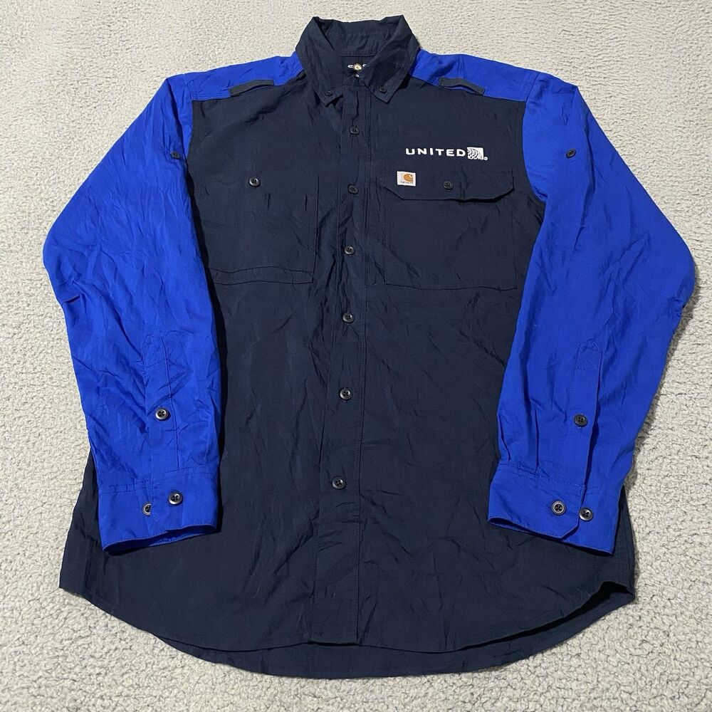 United Airlines Shirt Carhartt Force Mens Small Blue Button Long Sleeve Employee